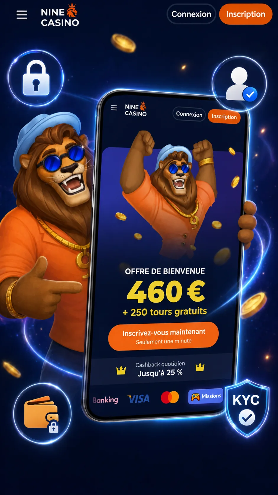 Connexion sécurisée NineCasino sur mobile